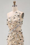 Apricot One Shoulder High Low Mermaid Sequins Maxi Dress with 3D Appliques