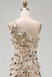 Apricot One Shoulder High Low Mermaid Sequins Maxi Dress with 3D Appliques