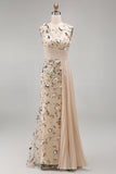 Apricot Illusion Round Neck Sequins Sheath Pleated Long Formal Dress with 3D Appliques
