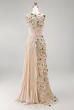 Apricot Illusion Round Neck Sequins Sheath Pleated Long Formal Dress with 3D Appliques