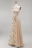Apricot Illusion Round Neck Sequins Sheath Pleated Long Formal Dress with 3D Appliques