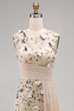 Apricot Illusion Round Neck Sequins Sheath Pleated Long Formal Dress with 3D Appliques
