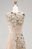 Apricot Illusion Round Neck Sequins Sheath Pleated Long Formal Dress with 3D Appliques