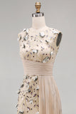 Apricot Illusion Round Neck Sequins Sheath Pleated Long Formal Dress with 3D Appliques