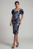 Navy Off the Shoulder Floral Bodycon Midi Mother Of the Bride Dress with Pearls
