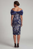 Navy Off the Shoulder Floral Bodycon Midi Mother Of the Bride Dress with Pearls