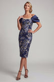 Navy Off the Shoulder Floral Bodycon Midi Mother Of the Bride Dress with Pearls