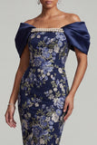 Navy Off the Shoulder Floral Bodycon Midi Mother Of the Bride Dress with Pearls