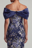 Navy Off the Shoulder Floral Bodycon Midi Mother Of the Bride Dress with Pearls