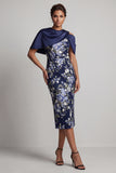 Navy Bodycon Floral Midi Mother Of the Bride Dress with Cape