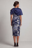 Navy Bodycon Floral Midi Mother Of the Bride Dress with Cape