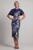 Navy Bodycon Floral Midi Mother Of the Bride Dress with Cape