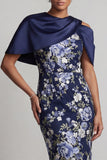 Navy Bodycon Floral Midi Mother Of the Bride Dress with Cape