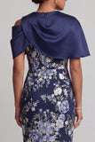 Navy Bodycon Floral Midi Mother Of the Bride Dress with Cape
