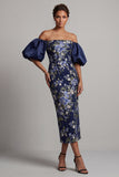 Off the Shoulder Navy Floral Sheath Midi Mother Of the Bride Dress with Puff Sleeves