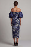 Off the Shoulder Navy Floral Sheath Midi Mother Of the Bride Dress with Puff Sleeves