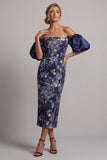 Off the Shoulder Navy Floral Sheath Midi Mother Of the Bride Dress with Puff Sleeves