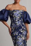 Off the Shoulder Navy Floral Sheath Midi Mother Of the Bride Dress with Puff Sleeves