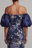 Off the Shoulder Navy Floral Sheath Midi Mother Of the Bride Dress with Puff Sleeves