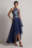 Navy A-Line Halter Floral Neck High Low Mother Of the Bride Dress