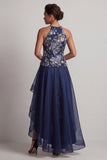 Navy A-Line Halter Floral Neck High Low Mother Of the Bride Dress