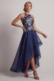 Navy A-Line Halter Floral Neck High Low Mother Of the Bride Dress