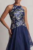 Navy A-Line Halter Floral Neck High Low Mother Of the Bride Dress