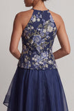 Navy A-Line Halter Floral Neck High Low Mother Of the Bride Dress