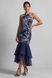 Halter Navy Floral Mermaid Long Mother Of the Bride Dress with Ruffles
