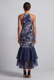 Halter Navy Floral Mermaid Long Mother Of the Bride Dress with Ruffles
