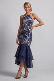 Halter Navy Floral Mermaid Long Mother Of the Bride Dress with Ruffles