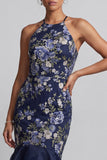 Halter Navy Floral Mermaid Long Mother Of the Bride Dress with Ruffles