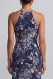 Halter Navy Floral Mermaid Long Mother Of the Bride Dress with Ruffles