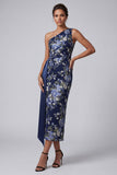 One Shoulder Navy Sheath Midi Floral Mother Of the Bride Dress with Sash
