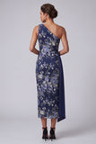One Shoulder Navy Sheath Midi Floral Mother Of the Bride Dress with Sash