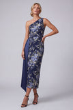 One Shoulder Navy Sheath Midi Floral Mother Of the Bride Dress with Sash