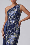 One Shoulder Navy Sheath Midi Floral Mother Of the Bride Dress with Sash
