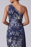 One Shoulder Navy Sheath Midi Floral Mother Of the Bride Dress with Sash
