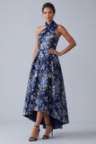 Navy Floral Halter A-Line High Low Mother Of the Bride Dress