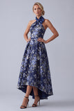Navy Floral Halter A-Line High Low Mother Of the Bride Dress