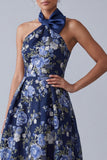 Navy Floral Halter A-Line High Low Mother Of the Bride Dress