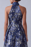 Navy Floral Halter A-Line High Low Mother Of the Bride Dress