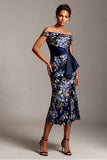 Off the Shoulder Mermaid Navy Floral Midi Mother Of the Bride Dress with Slit