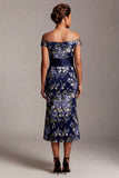 Off the Shoulder Mermaid Navy Floral Midi Mother Of the Bride Dress with Slit