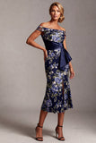 Off the Shoulder Mermaid Navy Floral Midi Mother Of the Bride Dress with Slit