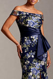 Off the Shoulder Mermaid Navy Floral Midi Mother Of the Bride Dress with Slit
