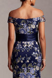 Off the Shoulder Mermaid Navy Floral Midi Mother Of the Bride Dress with Slit