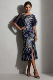 Navy Mermaid Floral Bateau Neck Midi Mother Of the Bride Dress with Slit