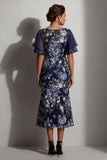 Navy Mermaid Floral Bateau Neck Midi Mother Of the Bride Dress with Slit