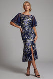 Navy Mermaid Floral Bateau Neck Midi Mother Of the Bride Dress with Slit